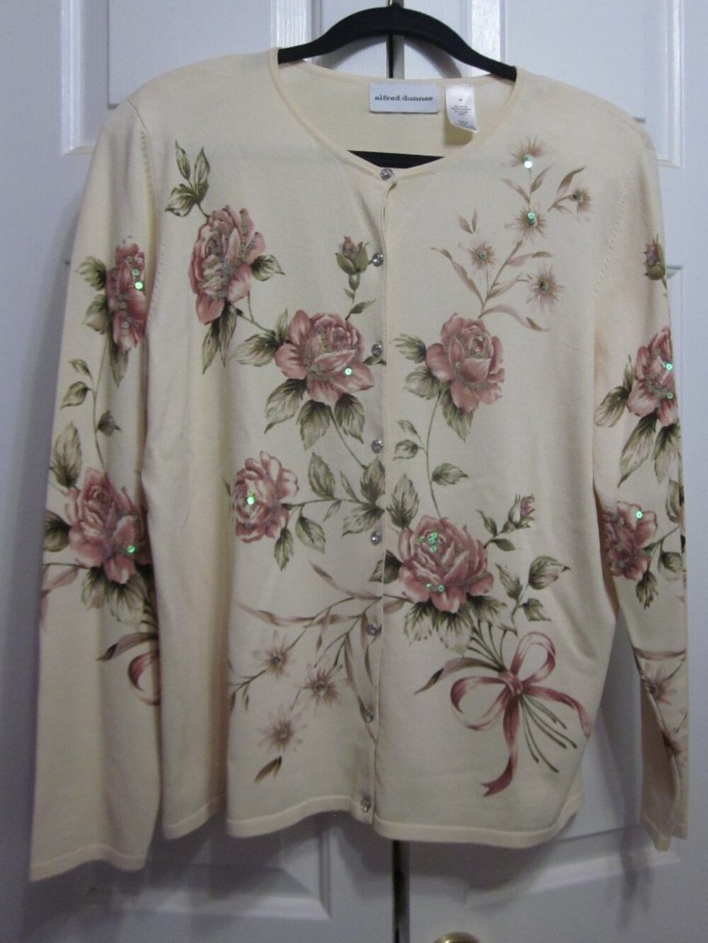 Alfred Dunner Rose Sequin Cardigan Sweater Sz M